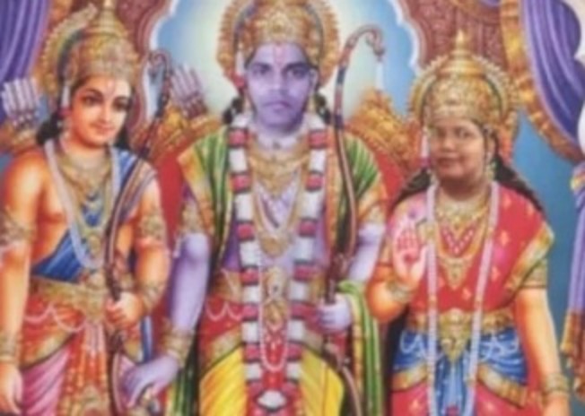 Teacher puts his face over Lord Ram's image