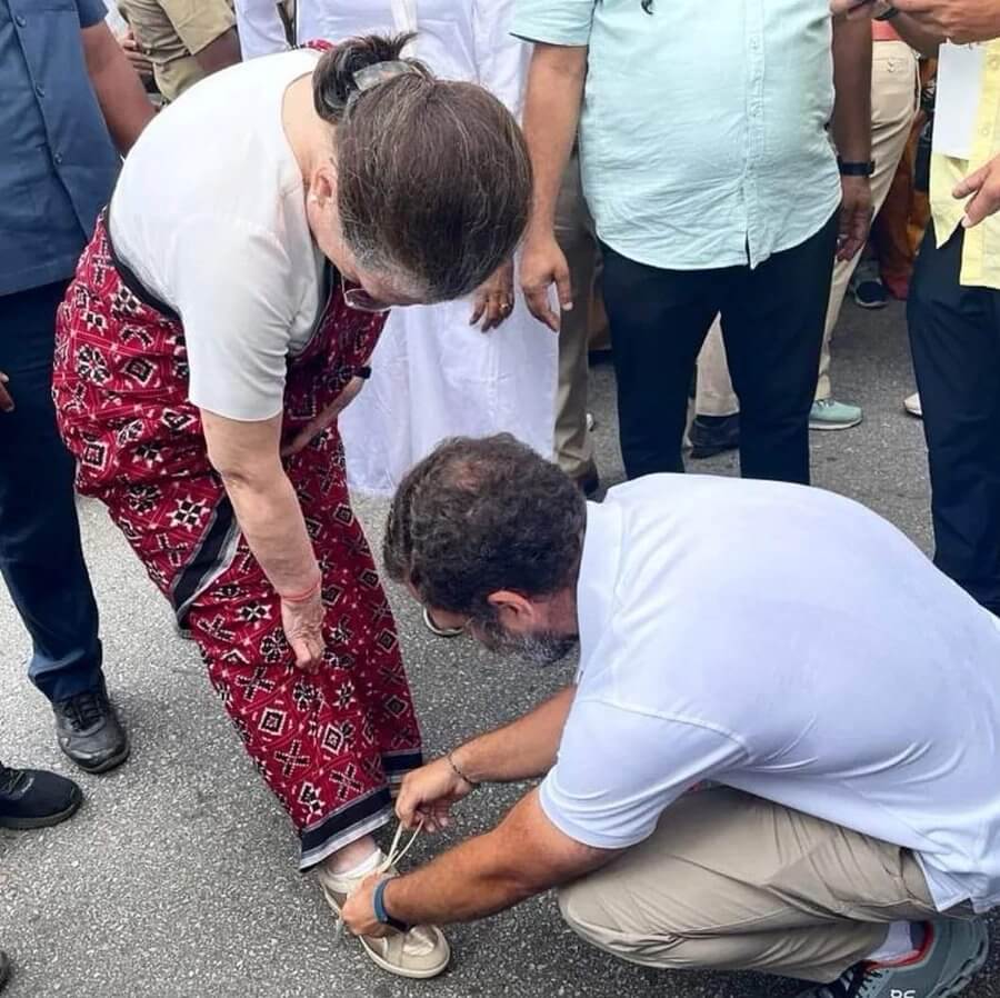 Rahul Gandhi ties shoelace of his mother