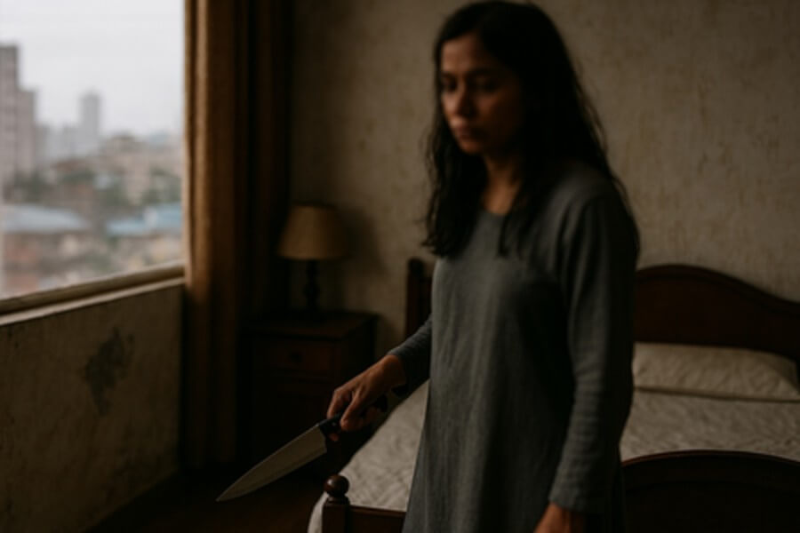 Woman with knife in hand IANS (1) (1)