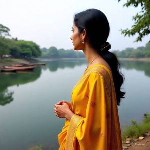 woman standing close to lake Meta AI (1)