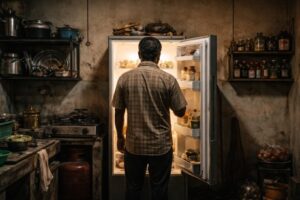 man in kitchen fridge