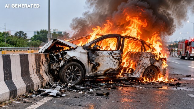 Fire Burning Car Crash by Highway Median (1) (1)