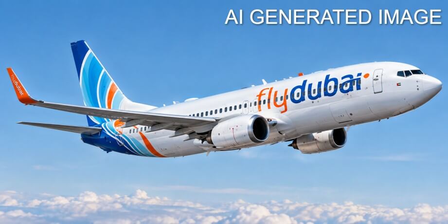 Flydubai Jet Soaring Through Blue Skies AI Image (1) (1)